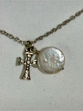 Brighton Sutton Cross Mother of Pearl Disc Charm Silver Plated Necklace